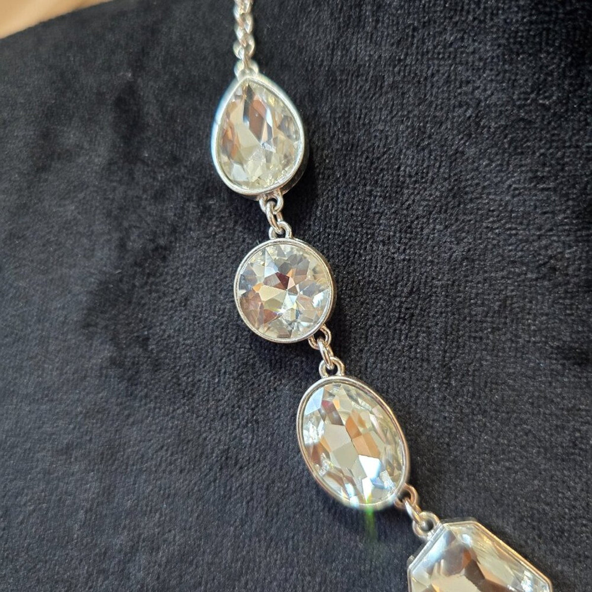 Womens Silver Plated Clear Linked Crystal Stone Collar Necklace w/ Lobster Clasp