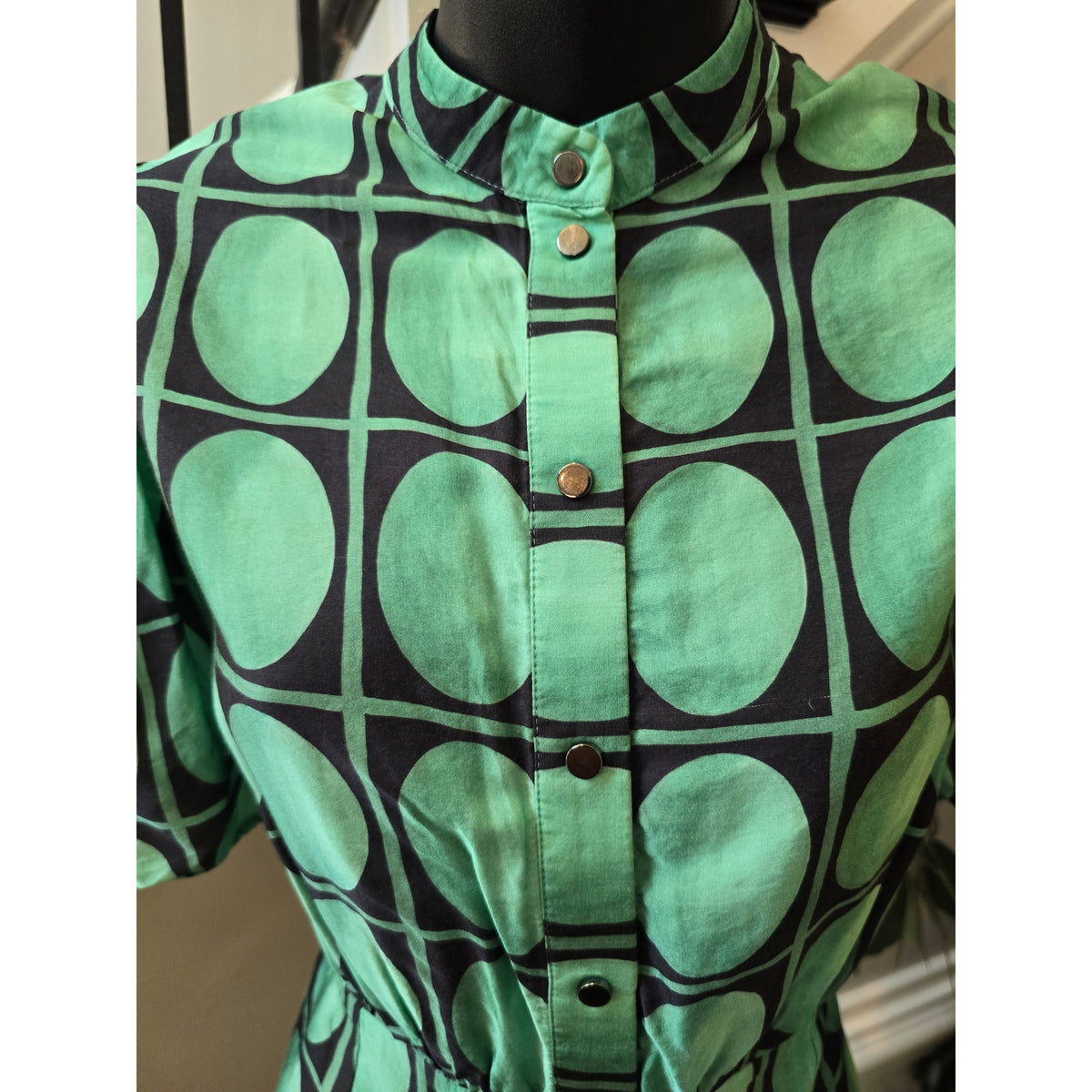 Zara Midi Dress Women's Small Green/Black Geometric Short Sleeve Pleated Back
