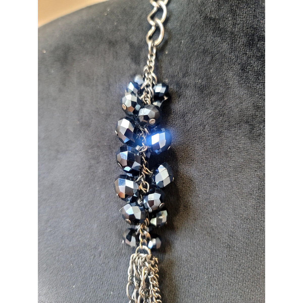 Gunmetal Layered Chain Necklace with Navy Blue Faceted Bead Clusters Statement