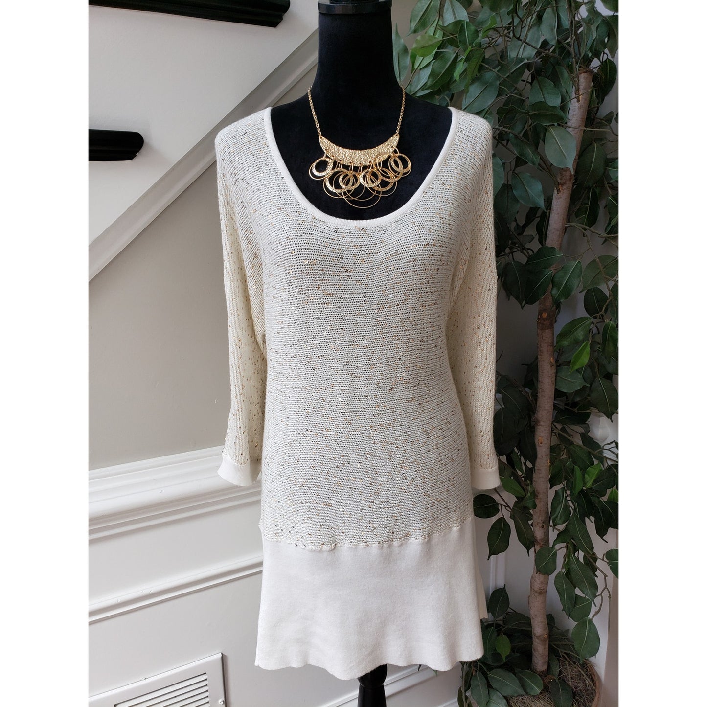 Ashley Stewart Tunic Sweater Women 18/20 White Sequin Open Knit Scoop Neck