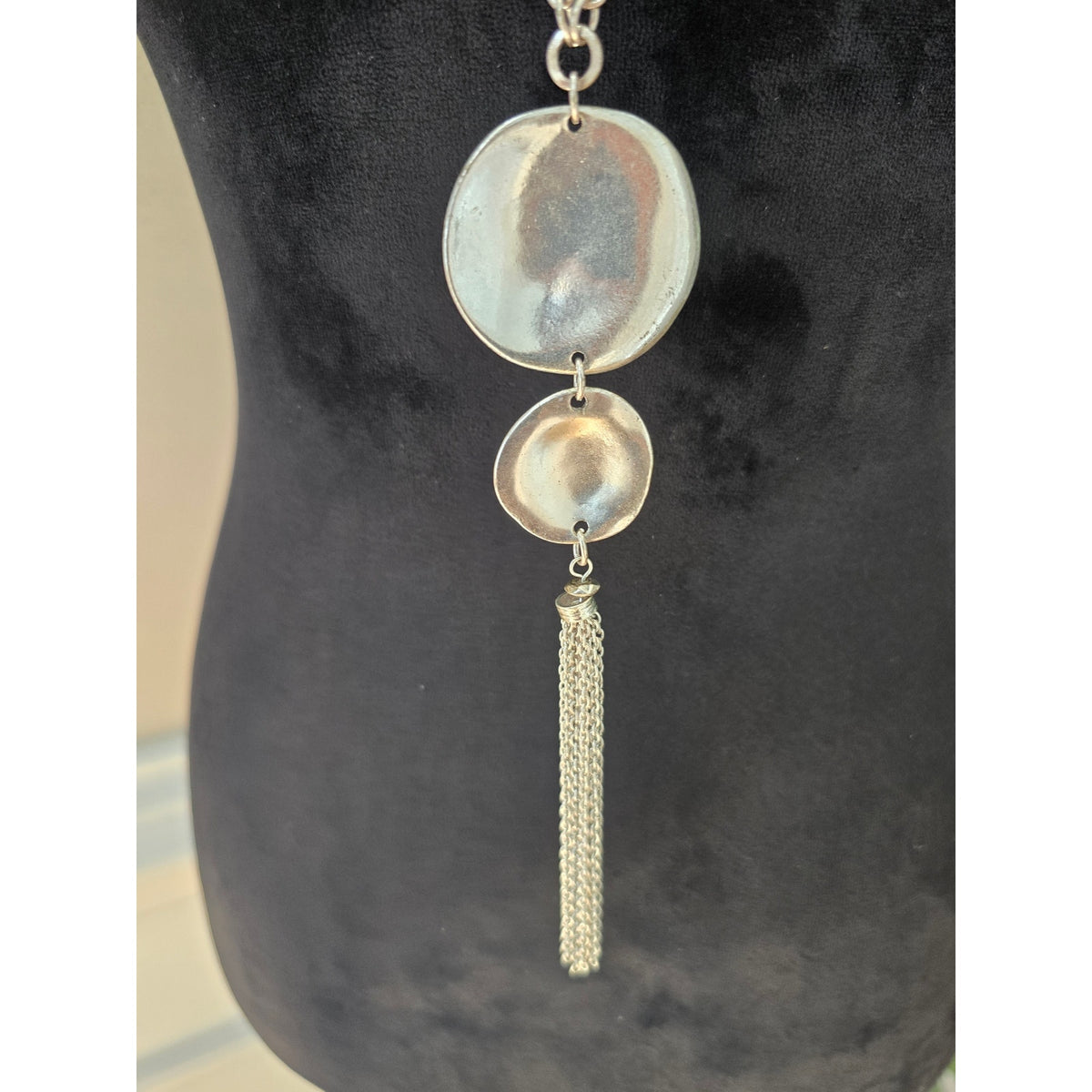 Long Silver Tone Double Disc Pendant Necklace Tassel Dangle