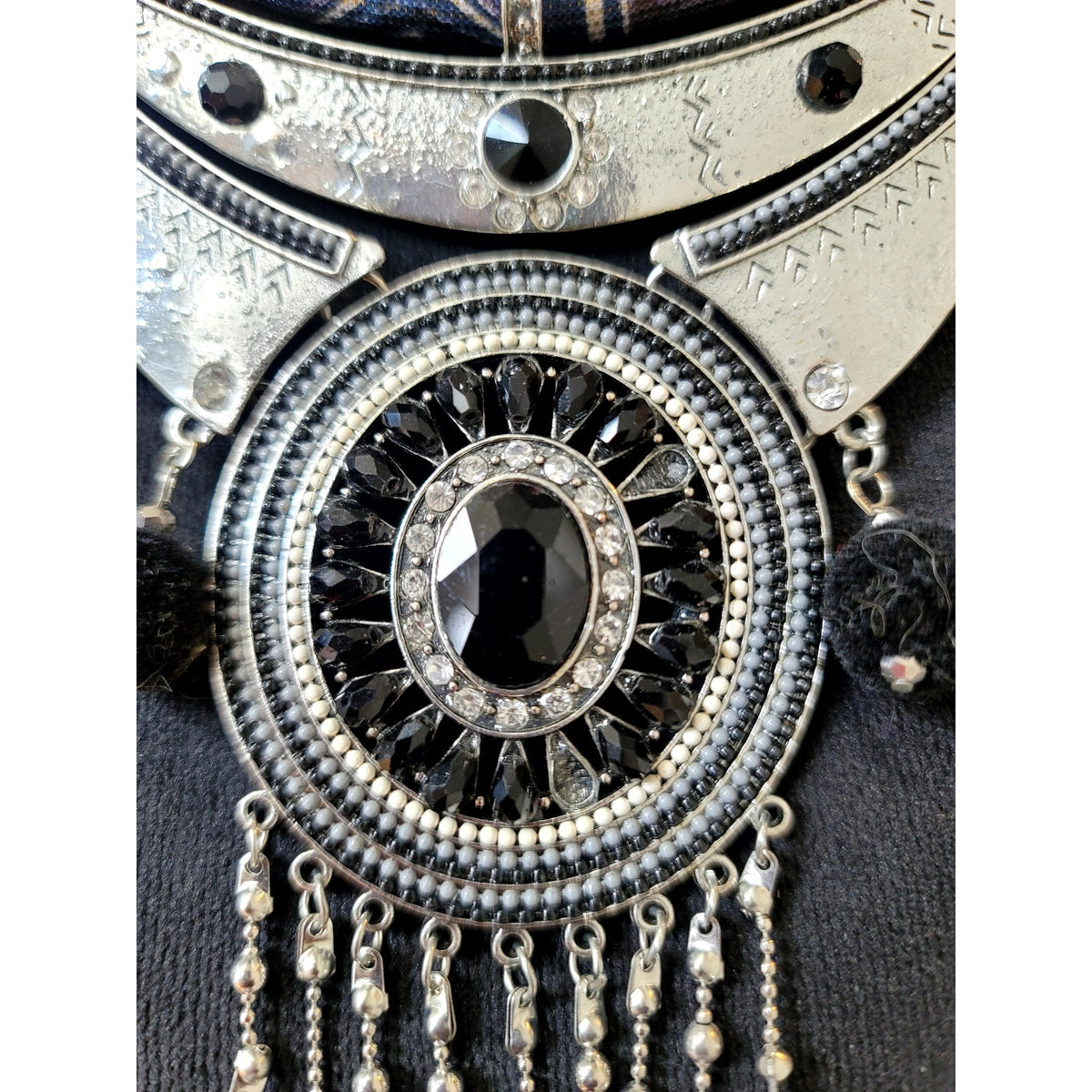 Silver Tone Tribal Bib Necklace Black White Beaded Fringe Boho Statement