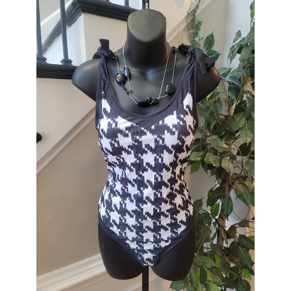 Swim Suit Set Women's Large Black/White Houndstooth Padded Bra Sarong Wrap