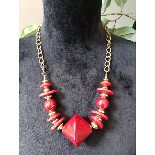 Women Red Retro Gold Chunky Boho Plastic Ball Bead Flat Spacers Necklace Jewelry