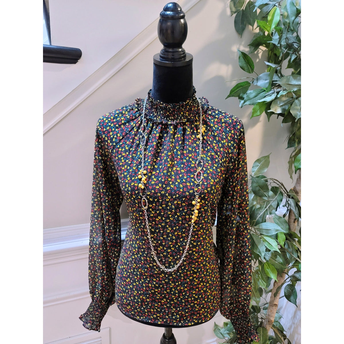 GAP Floral Sheer Top Women's Size X-Small Multicolor Mock Neck Long Sleeves