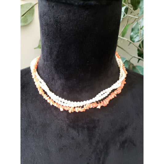 Womens 3 Strand Coral Bead Faux Pearls Choker Necklace Jewelry with Hook & Eye