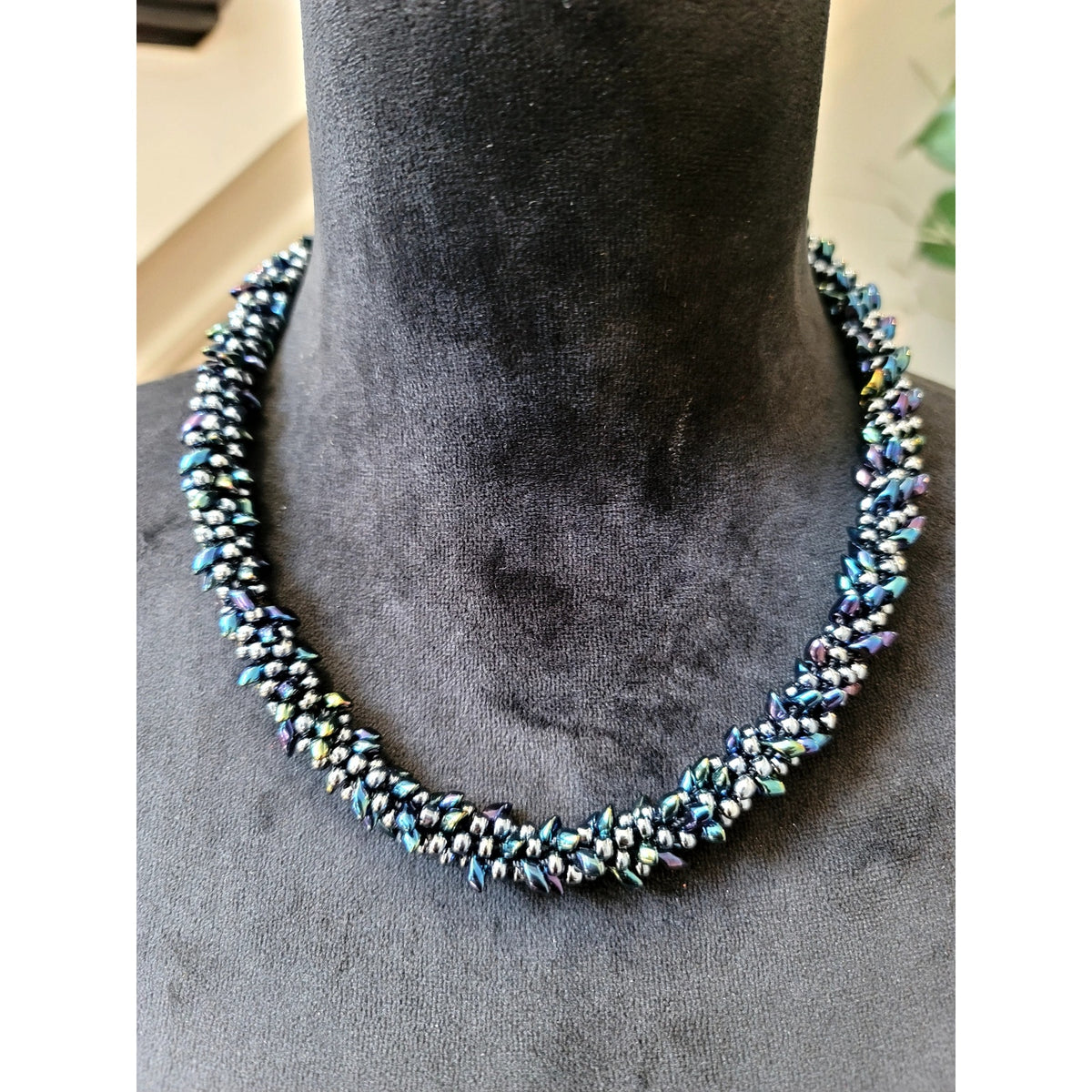 Vintage Blue Iridescent Seed Bead Twisted Necklace Handmade Statement Choker