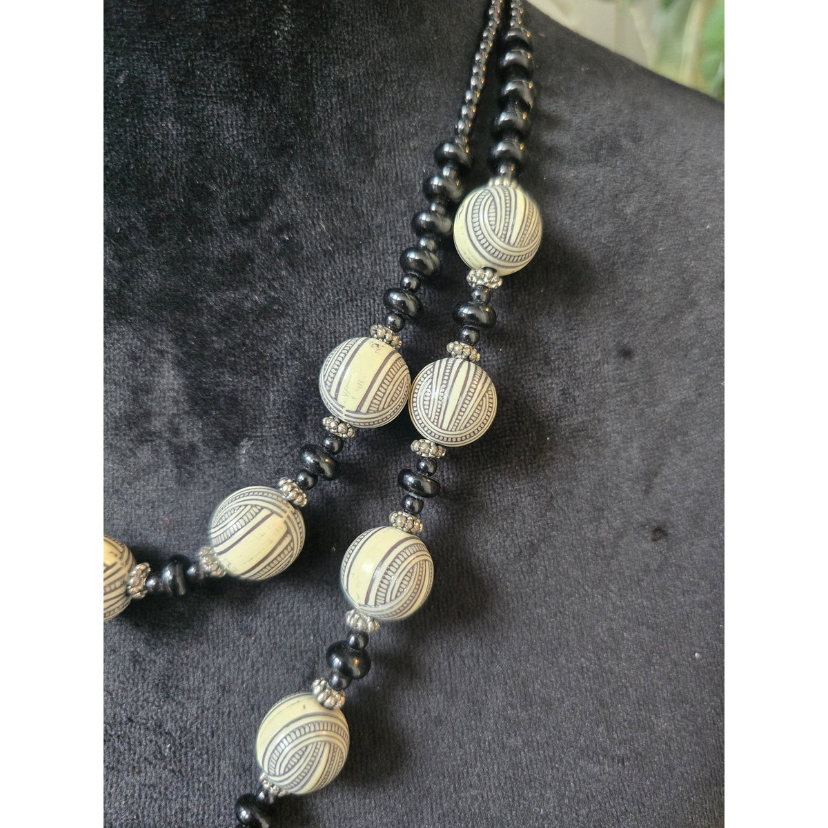 Black Cream Striped Beaded Double Strand Half Moon Pendant Necklace