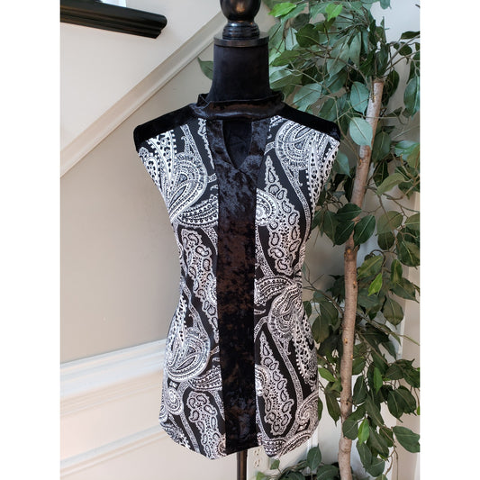 Adele & May Blouse Top Womens XL White Black Paisley Velour Trim Keyhole Neck