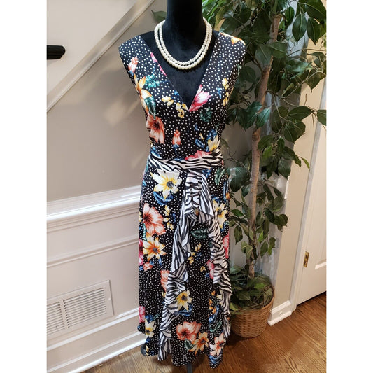 Bodyflirt Womens Black Floral Plunge V Neck Ruffle Trim Knee Length Dress Size L