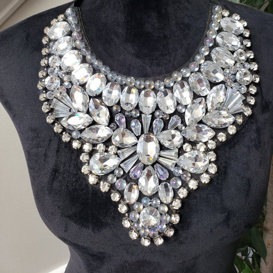 Womens White Big & Bold Crystal Statement Collar Necklace with Ribbon Knot Clasp