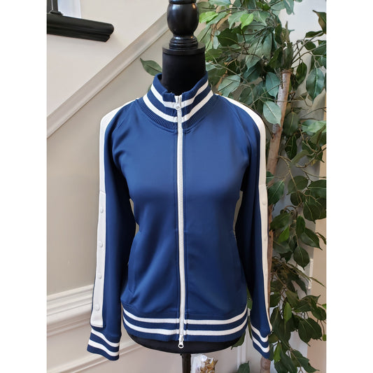 Half Heart Track Jacket Womens M Navy Ribbed Hem & Cuff Cold Shoulder Zip Front