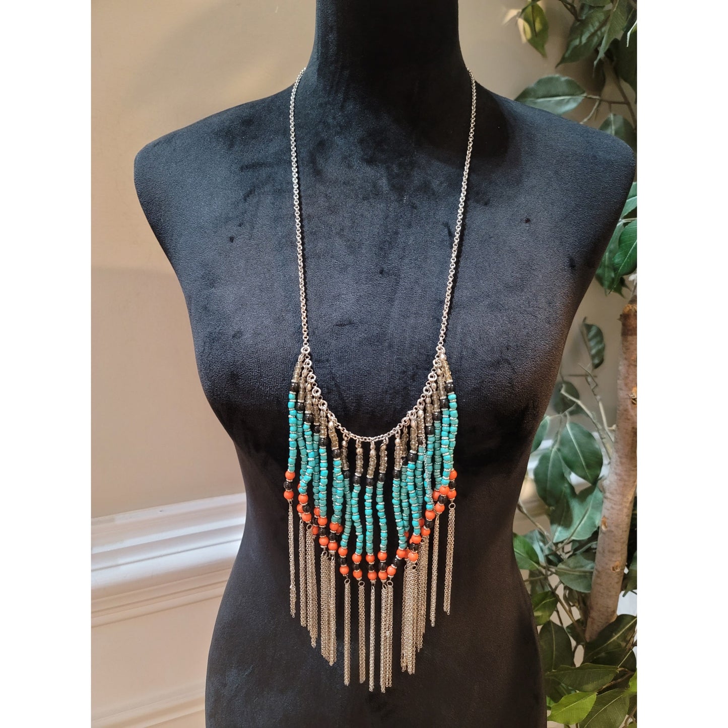 Womens Bohemian Beaded Statement Necklace With Turquoise Coral And Lobster Clasp