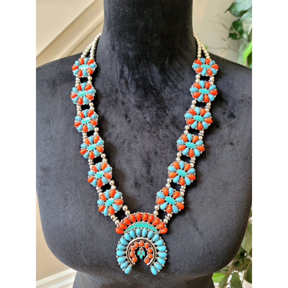 Southwestern Turquoise & Coral Squash Blossom Statement Necklace Boho Tribal