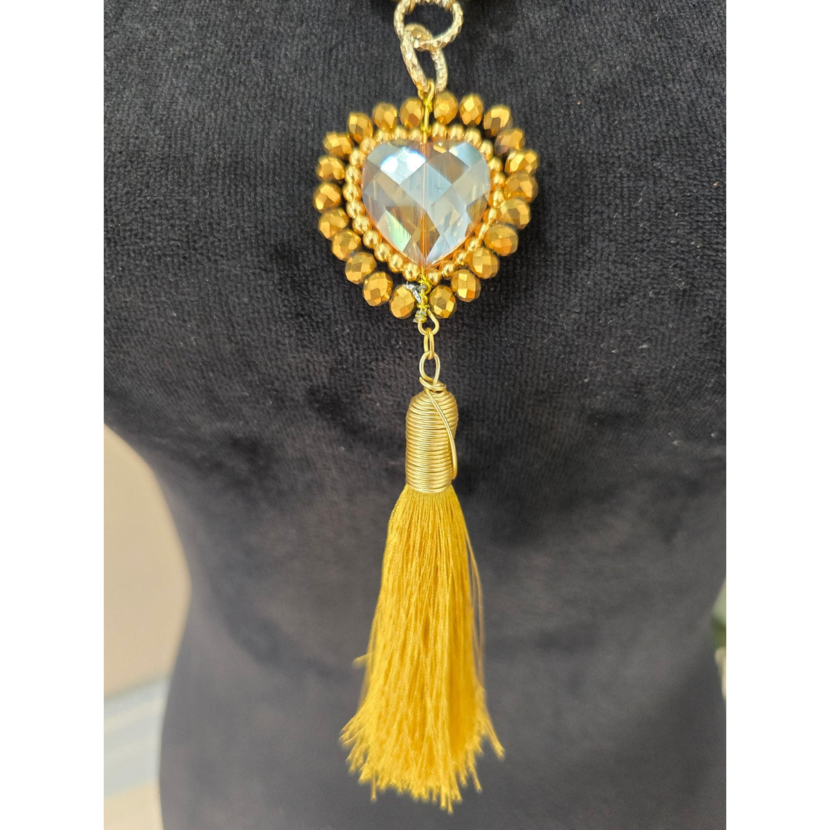 Gold Tone Beaded Heart Pendant Necklace Yellow Tassel Boho Statement