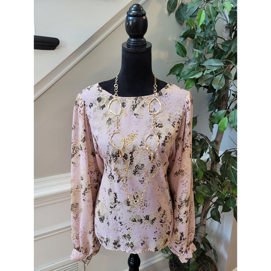 Hope & Harlow Blouse Large Blush Pink Mottled Scoop Balloon Sleeve Keyhole Back