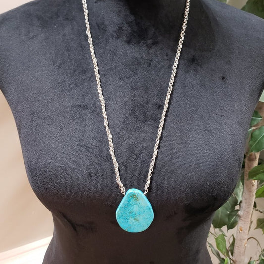 Women's Round Blue Faux Turquoise Stone Choker Link Chain Pendant Necklace