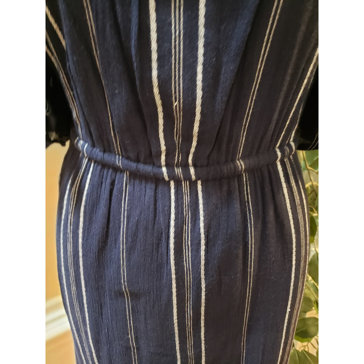LOFT Maxi Dress Womens S Blue Striped Rayon Lined Tie Waist Cold Shoulder Sleeve