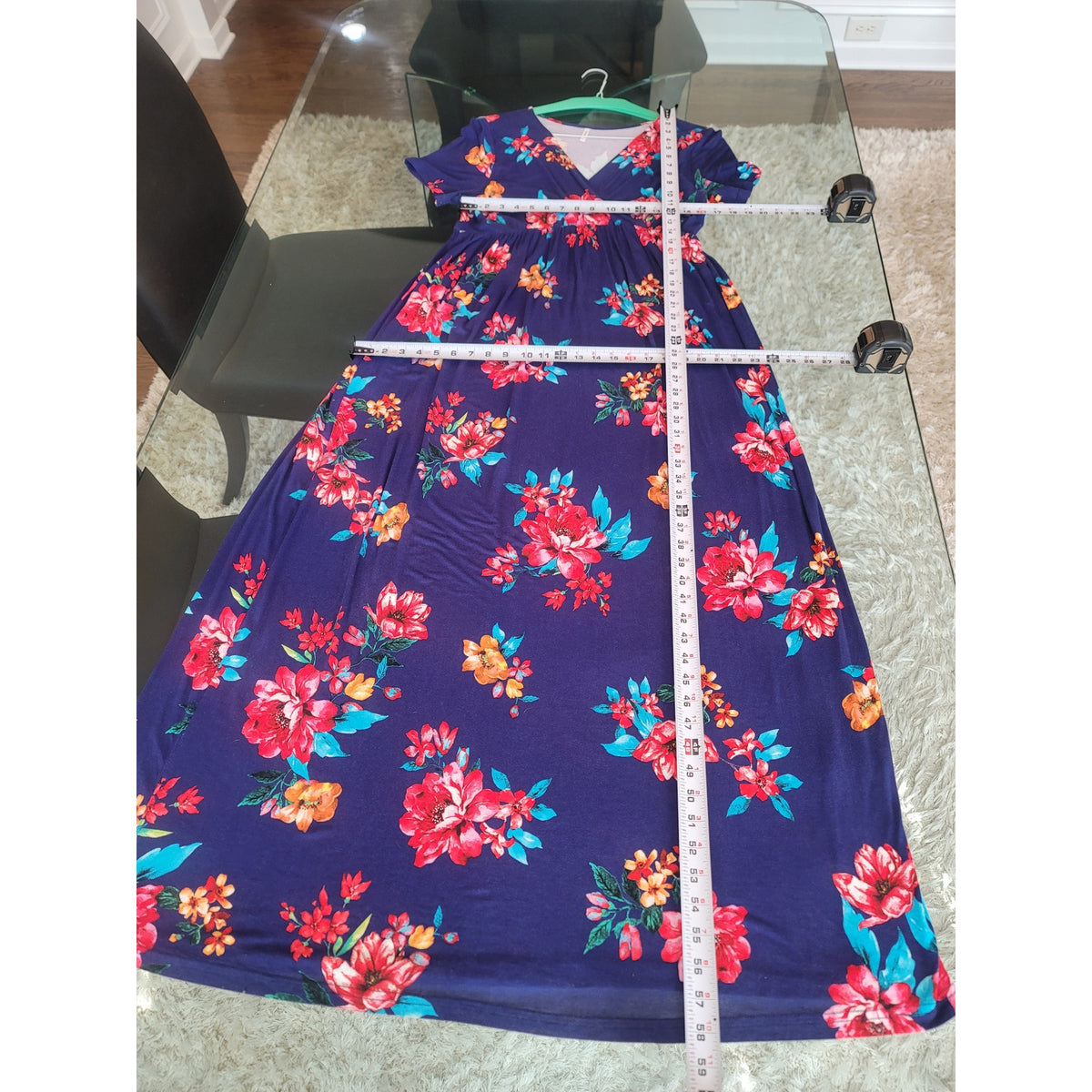 Xpenyo Maxi Dress Women's Size X-Large Navy Floral V Neck Short Flutter Sleeves