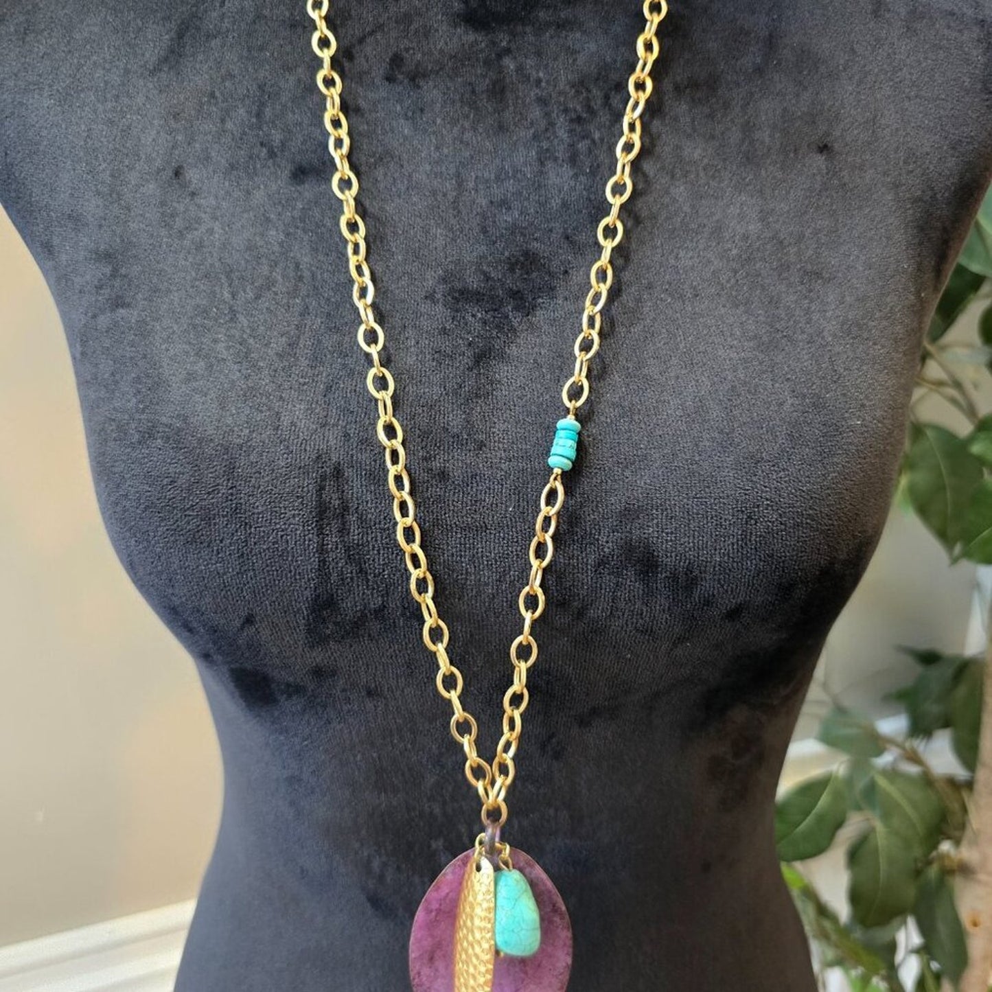 Chico's Green Turquoise Purple Opal Leaf Pendant Necklace w/ Lobster Clasp