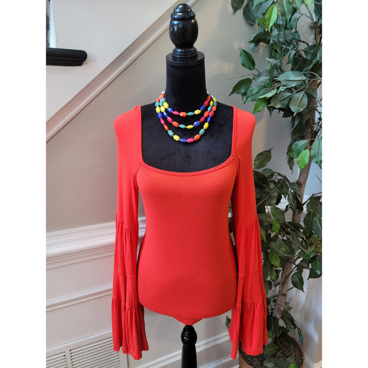 Free People L Red Stretch Square Neck Curved Hem Tiered Bell-Sleeve Casual