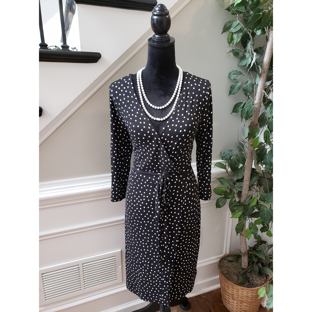 A New Day Polka Dot Dress Women's M Black White Wrap Belted Long Sleeve