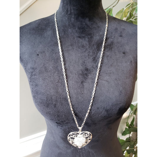 Women Silver Tone Heart Pendant Necklace Rhinestone Filigree Long Chain Jewelry
