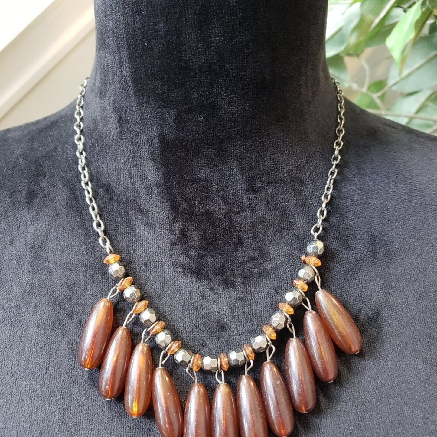 Womens Fashion Brown Glass Beads Link Chain Necklace Jewelry with Lobster Clasp
