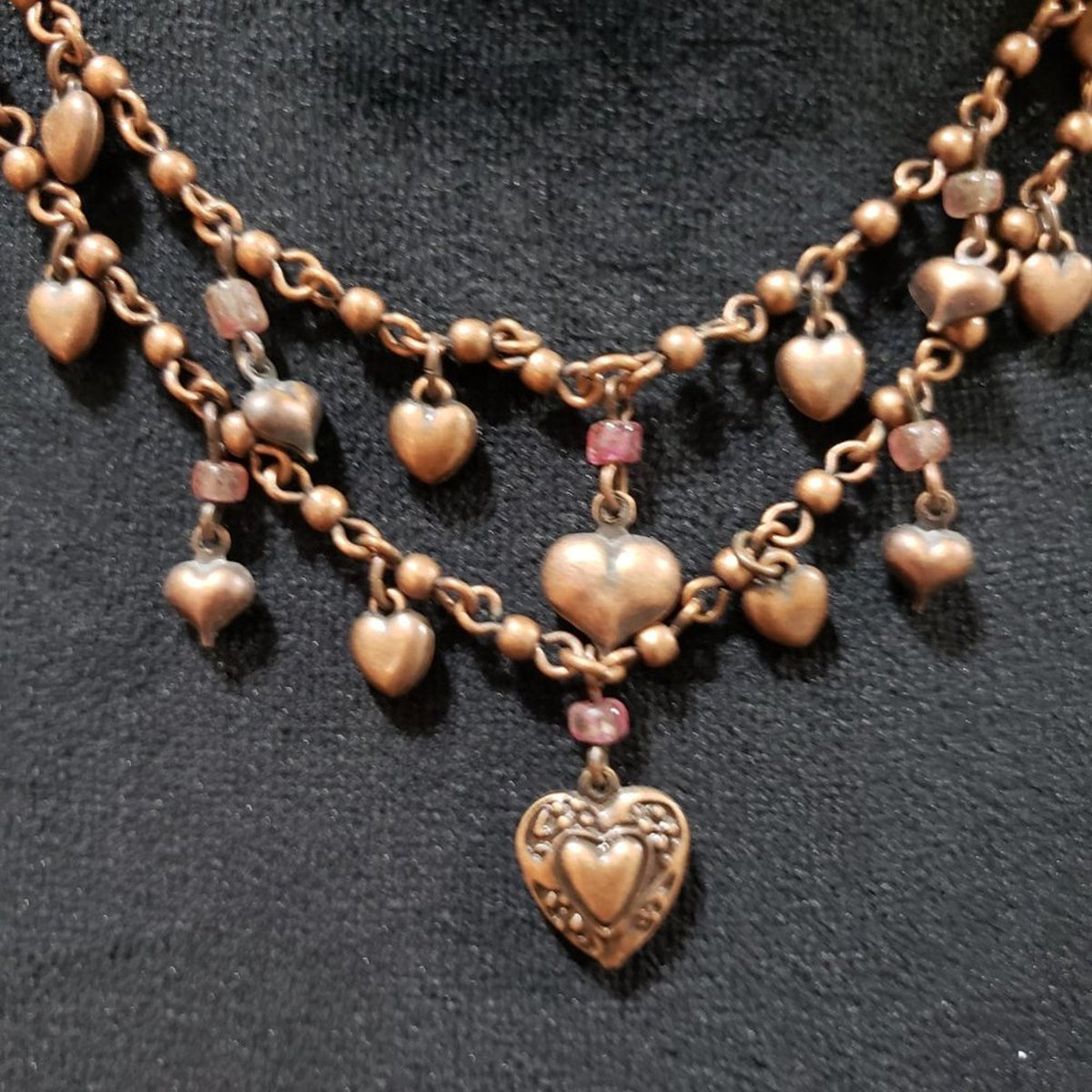 Womens Copper Tone Heart Charm Double Strand Collar Necklace with Lobster Clasp