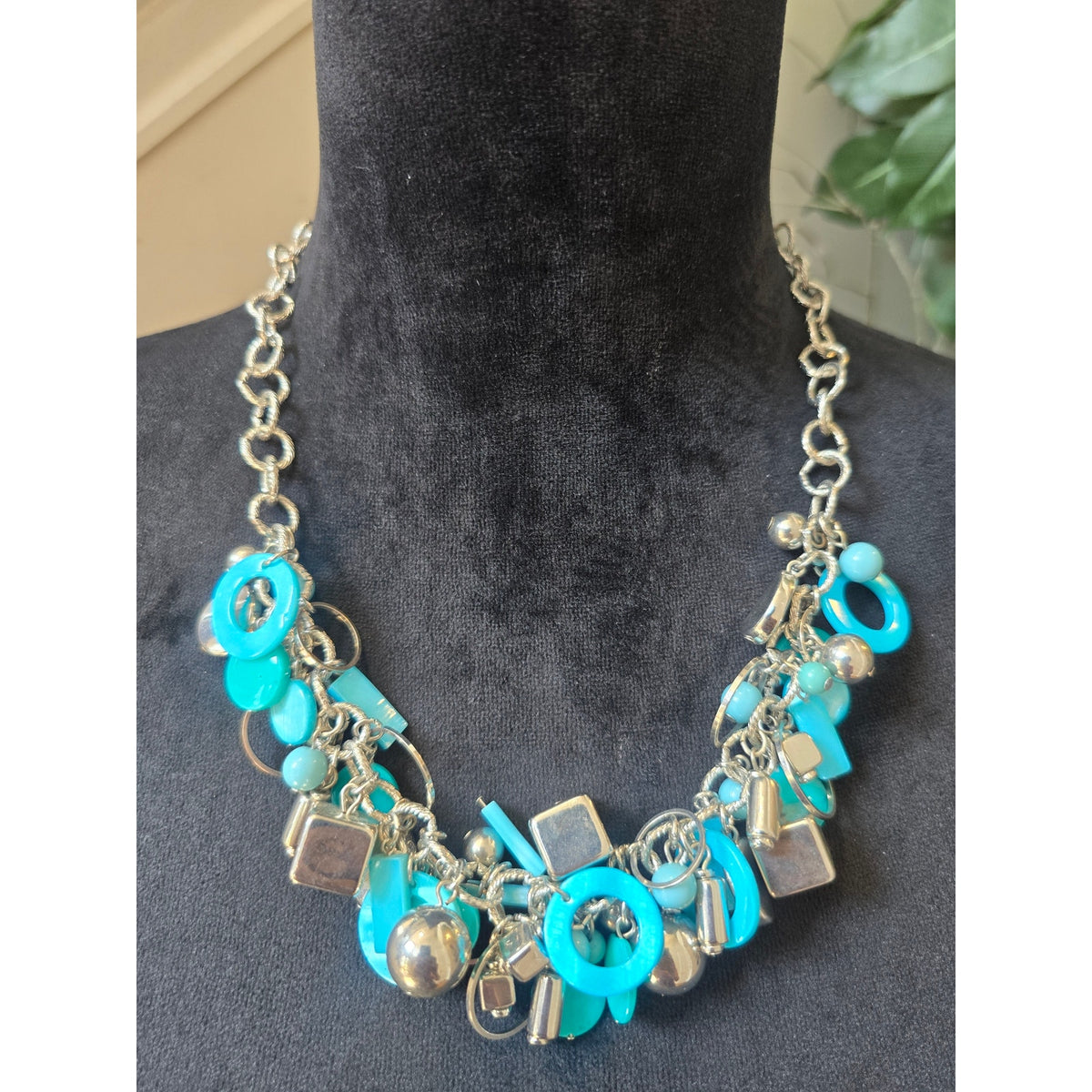 Silver Tone Turquoise Blue Charm Beaded Statement Necklace