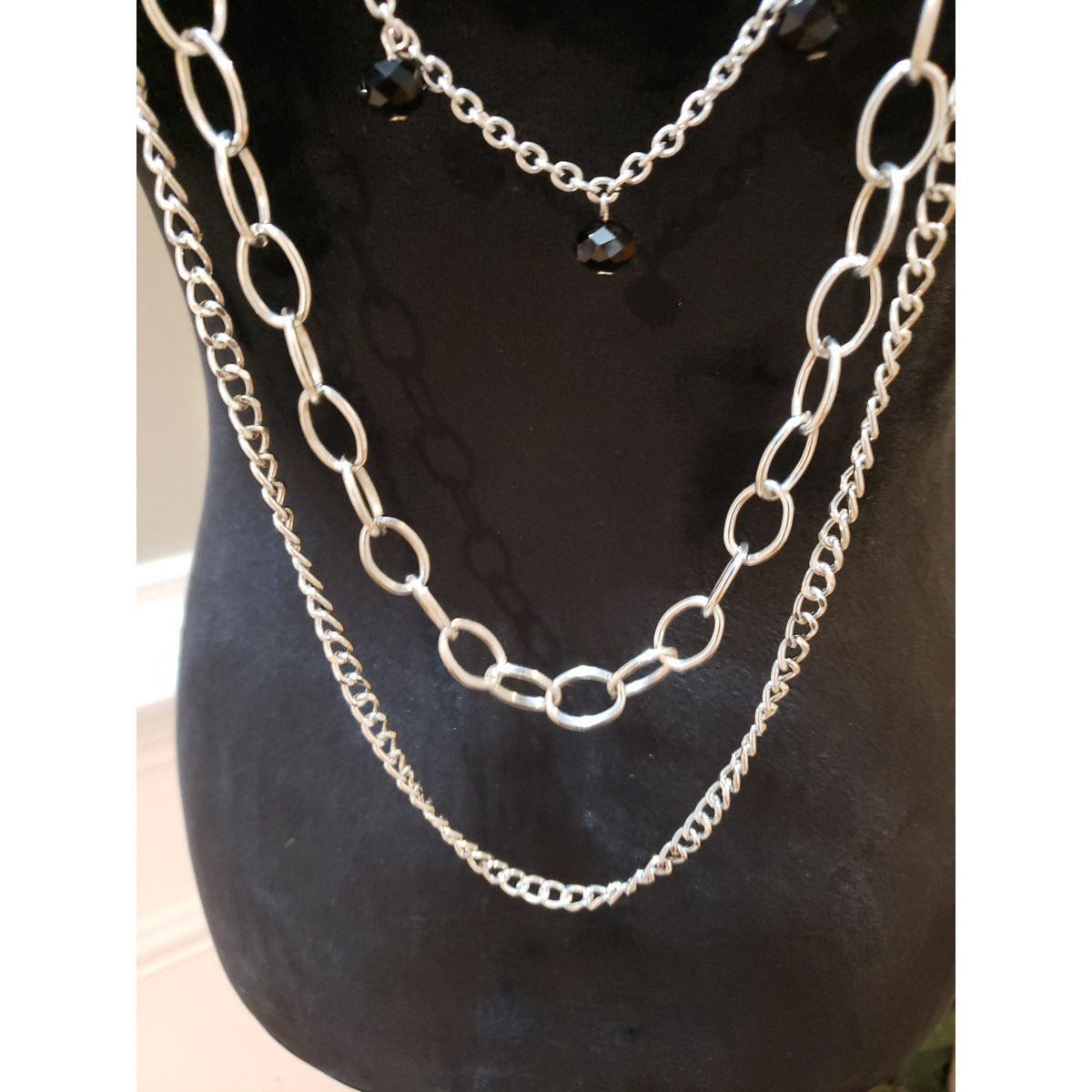 You & i Womens Silver Tone Multi Chains Black Ball Beaded Statement Necklace