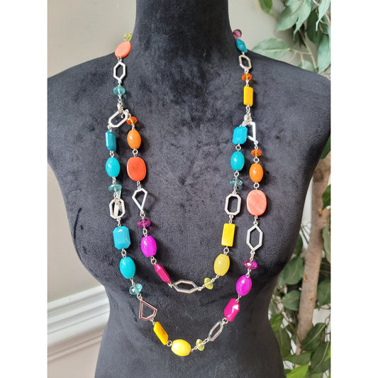 Women's Colorful Multi-Stone Necklace with Silver Links and Geometric Shapes