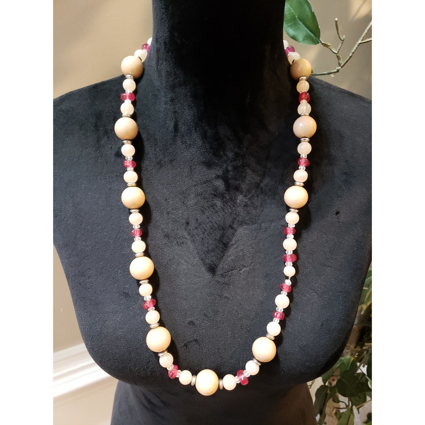 Women's Long Glass Beaded Necklace Cream Red Chunky Statement Jewelry