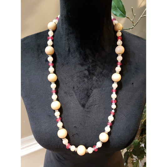 Women's Long Glass Beaded Necklace Cream Red Chunky Statement Jewelry