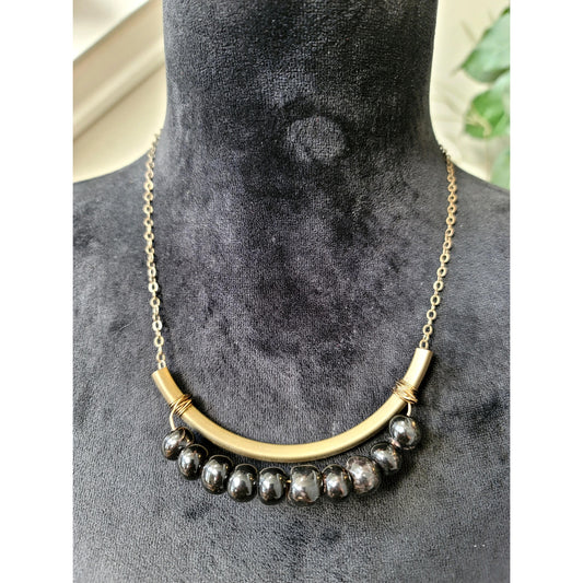 Beljoy Crystal Beaded Brass Tube Necklace Fashion Jewelry Black Gold Pendent