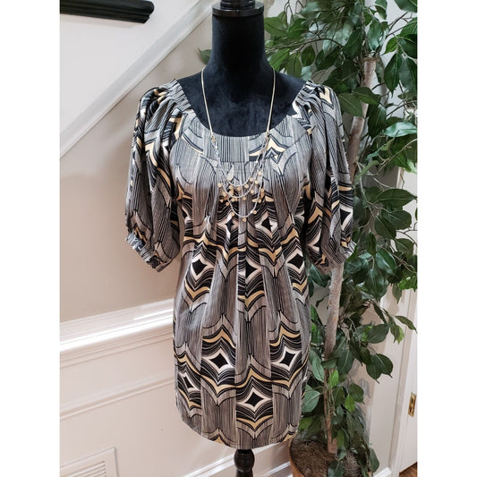 Elle Women Multicolor 100% Polyester Round Neck Short Sleeve Knee Length Dress M