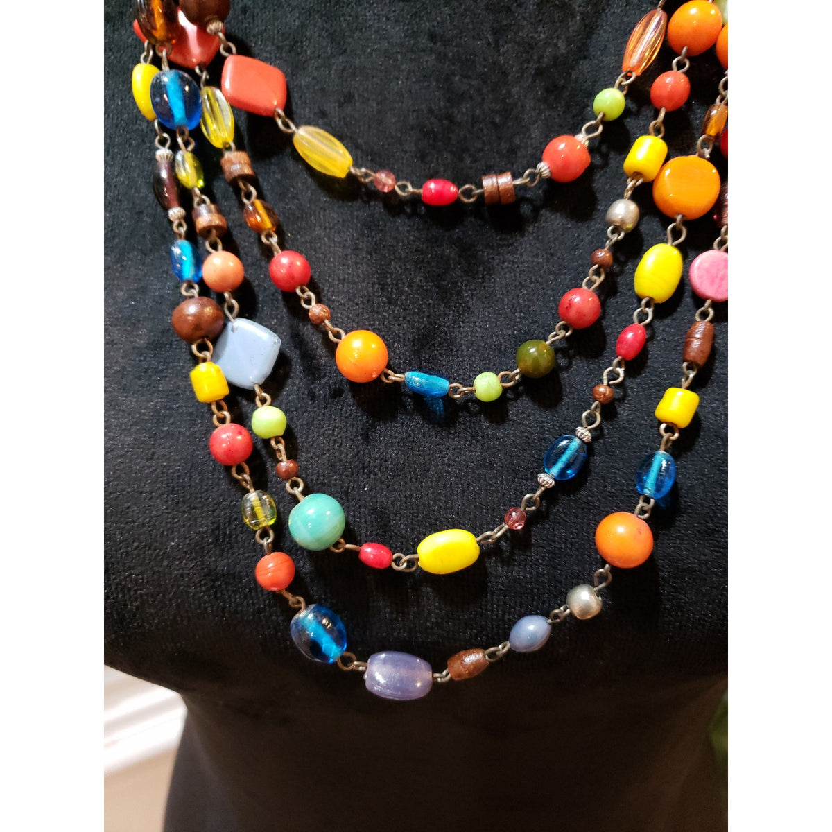 Womens Fashion 4 Strand Colorful Glass Acrylic Beaded Statement Necklace Jewelry