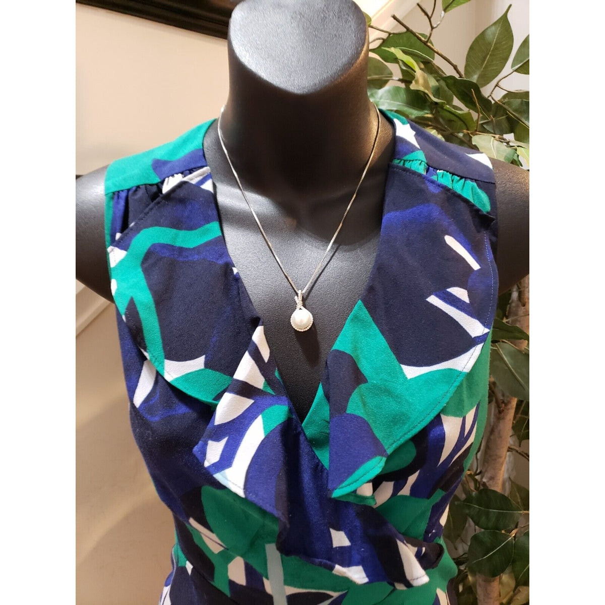 Ann Taylor Womens Blue & Green Polyester V-Neck Sleeveless Knee Length Dress 00P