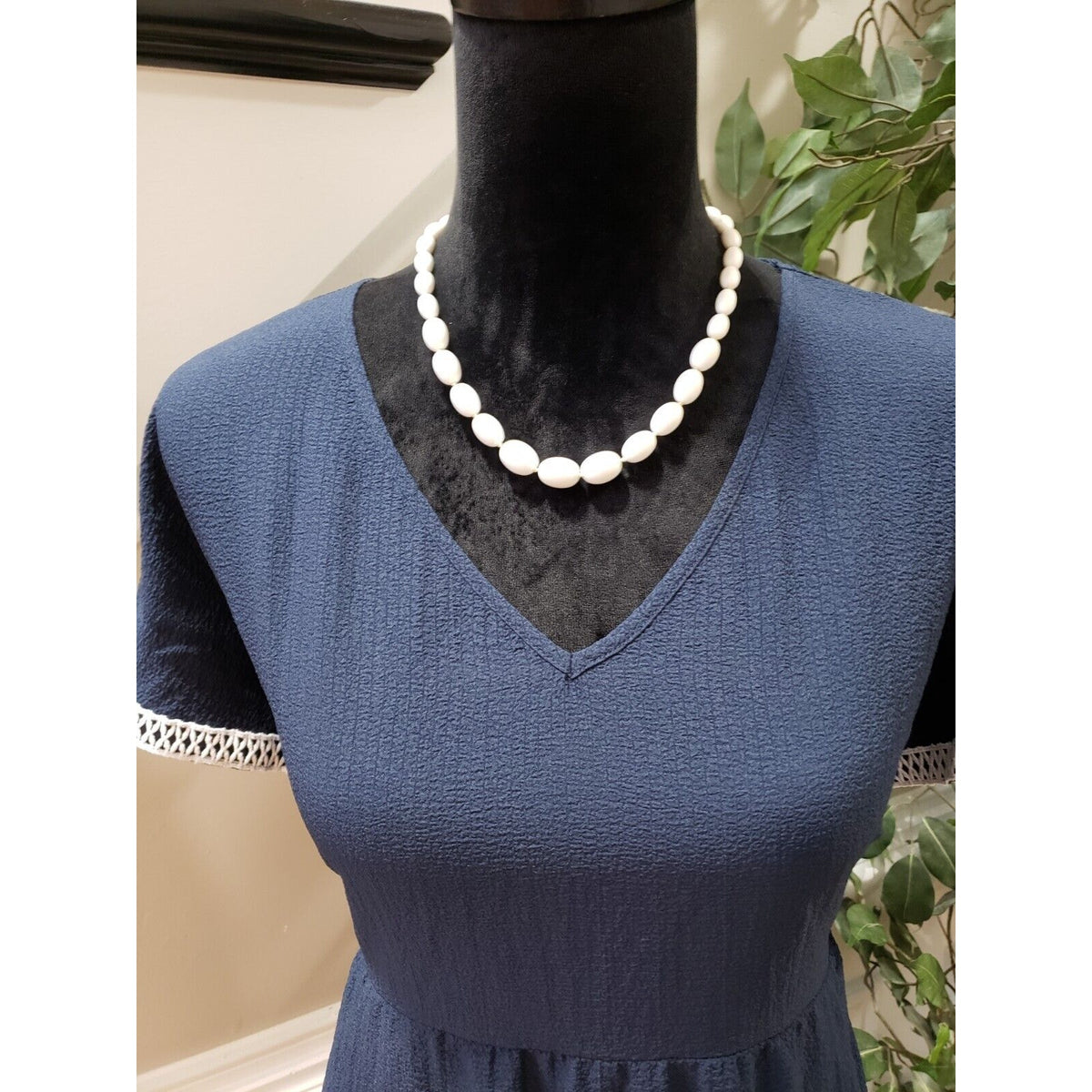Emery Rose Women's Blue Solid Polyester V-Neck Short Sleeve Knee Length Dress L