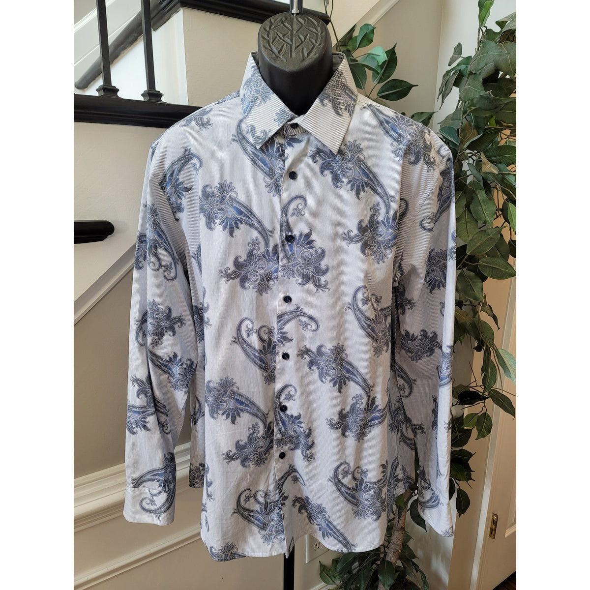 Tasso Elba Button Down Shirts Men's Size X-Large White Blue 100% Cotton Floral