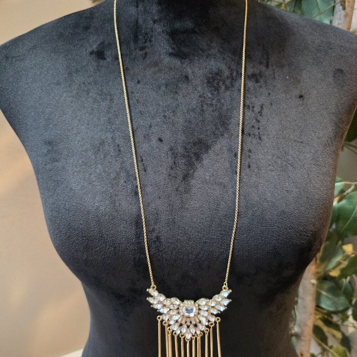 Womens Clear Rhinestone Tassel Pendant Gold Tone Chain Necklace w/ Lobster Clasp
