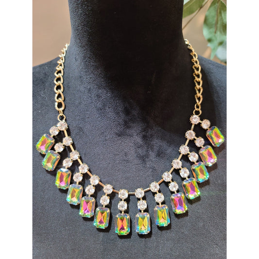 Women's Gold Chain Rainbow Crystal Statement Necklace With Lobster Clasp Lock