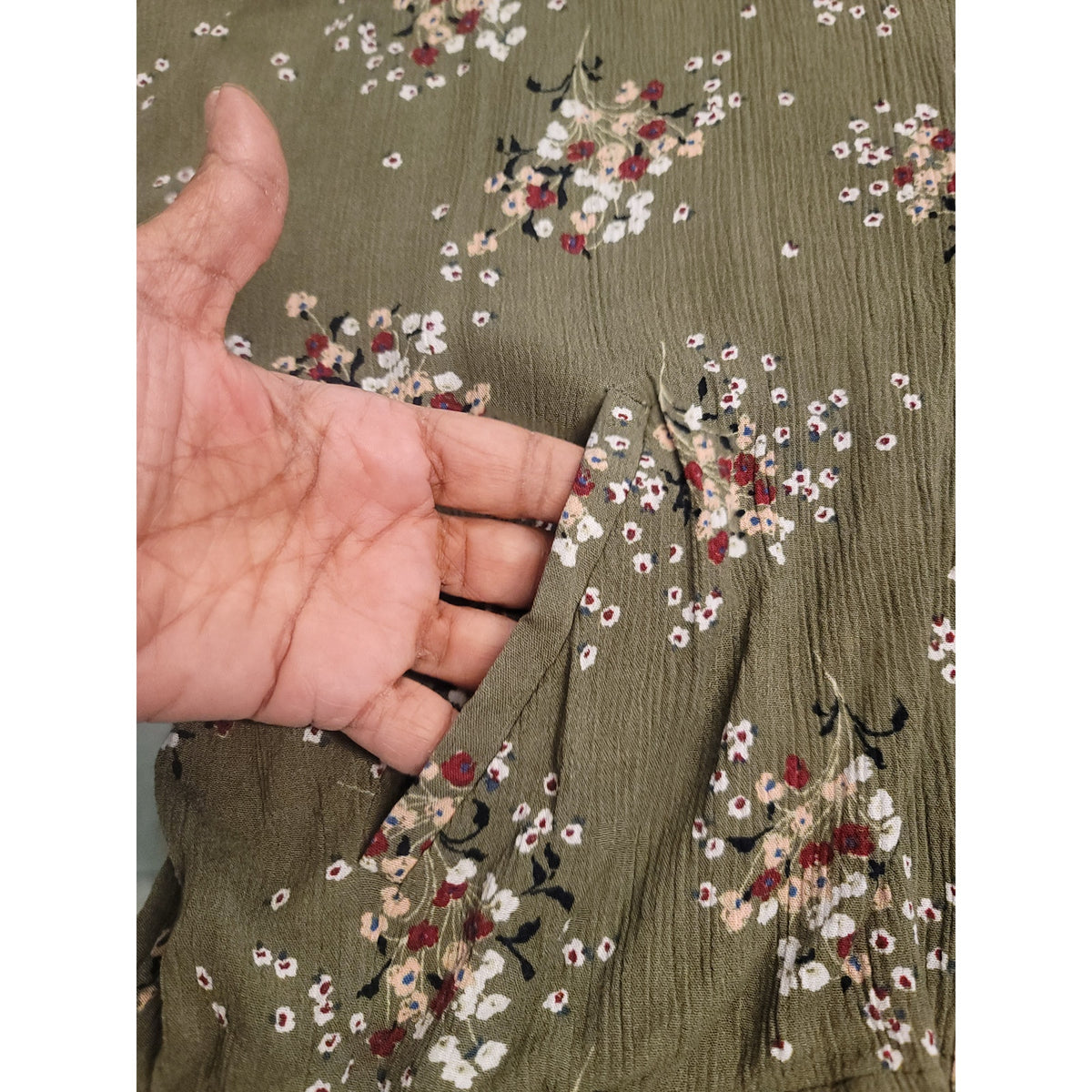 True Craft Bomber Jacket Women Small Olive Green Floral Slash Pocket Long Sleeve