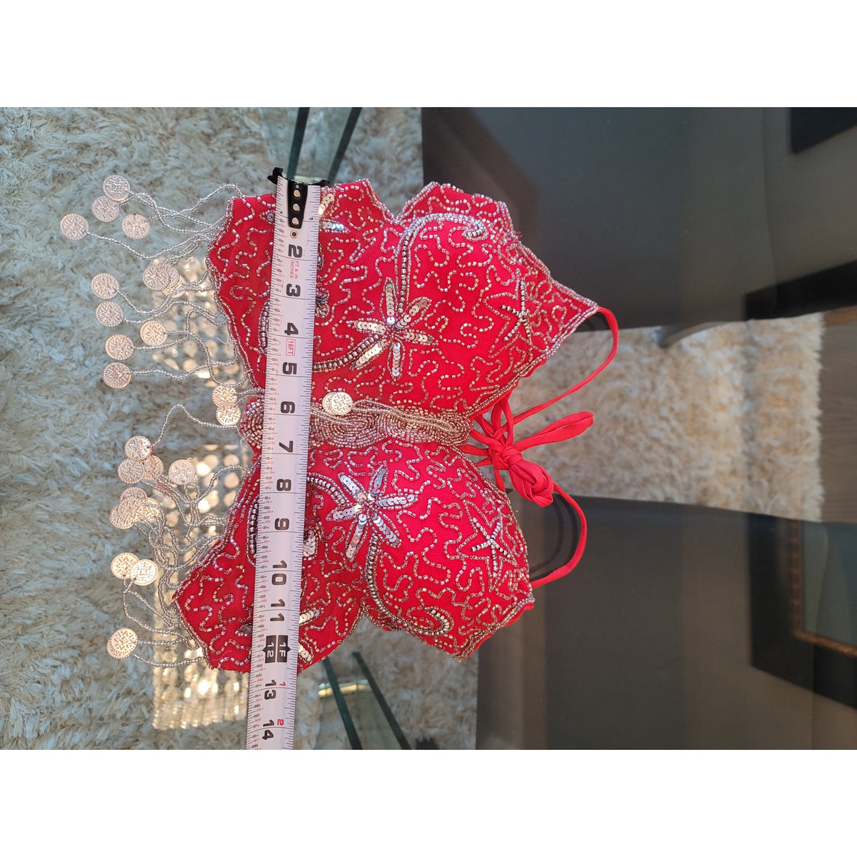 Custom Belly Dance Costume Large Red Halter Top Open Back Coin Skirt Padded Bra