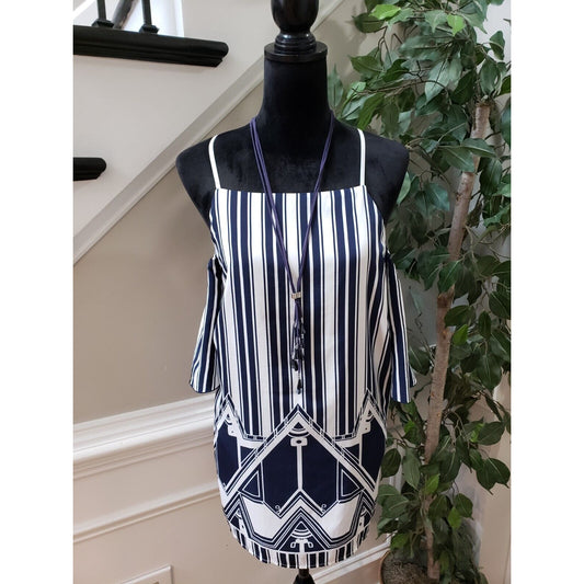 Alfani Women's Blue Striped Polyester Cold Shoulder Short Sleeve Top Blouse XL