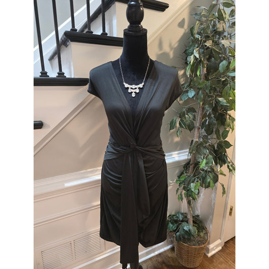 Mini Dress Women's Size 1XL Black Ruched Knot Front V-Neck Stretch Cap Sleeves