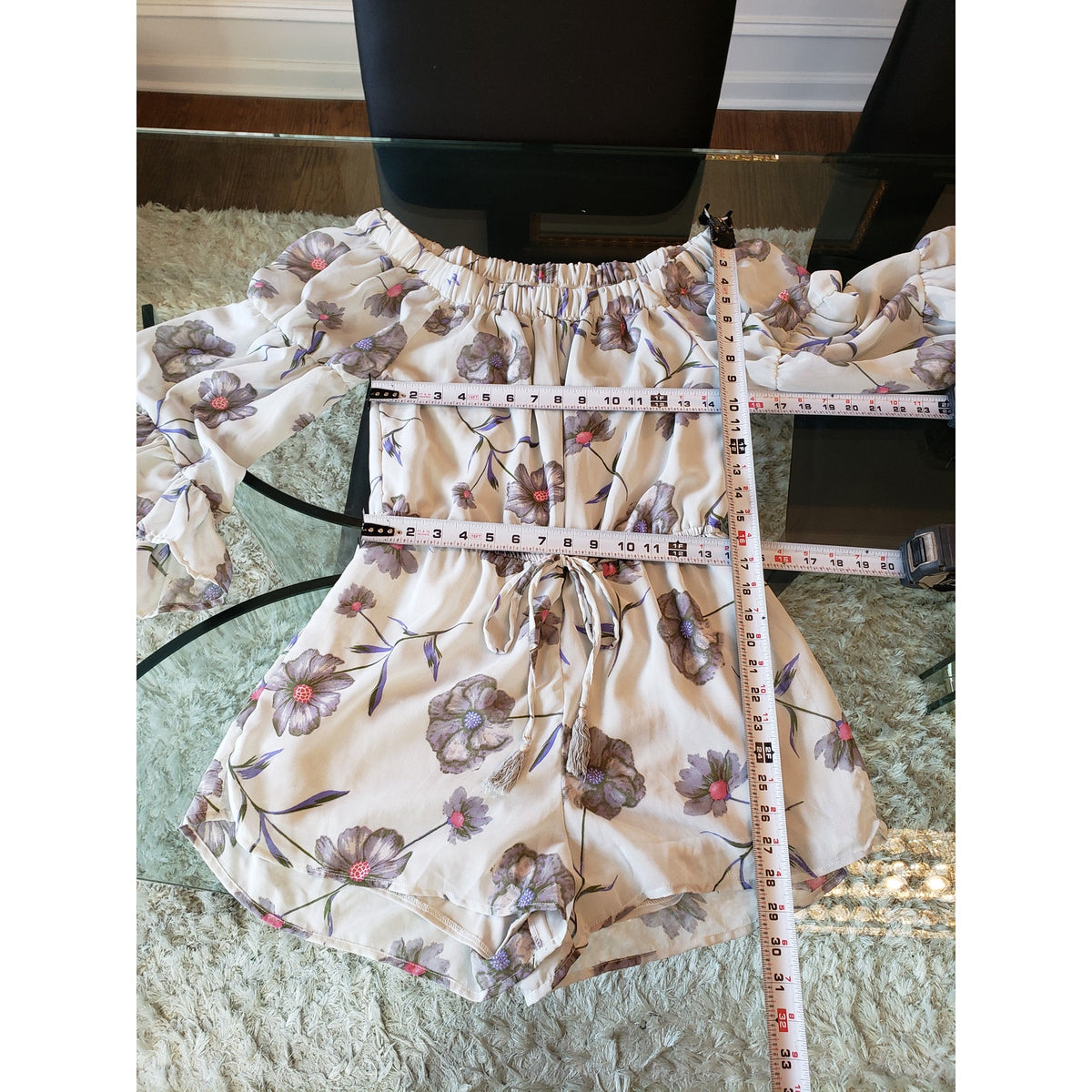 Blush Romper Women Large Gray Floral Print Off Shoulder Cinch Waist Flare Sleeve