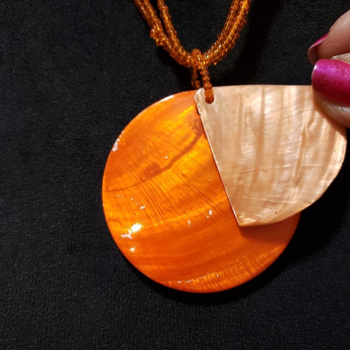 Vintage Beaded Orange Mother of Pearl Shell Round Pendant Necklace Lobster Clasp