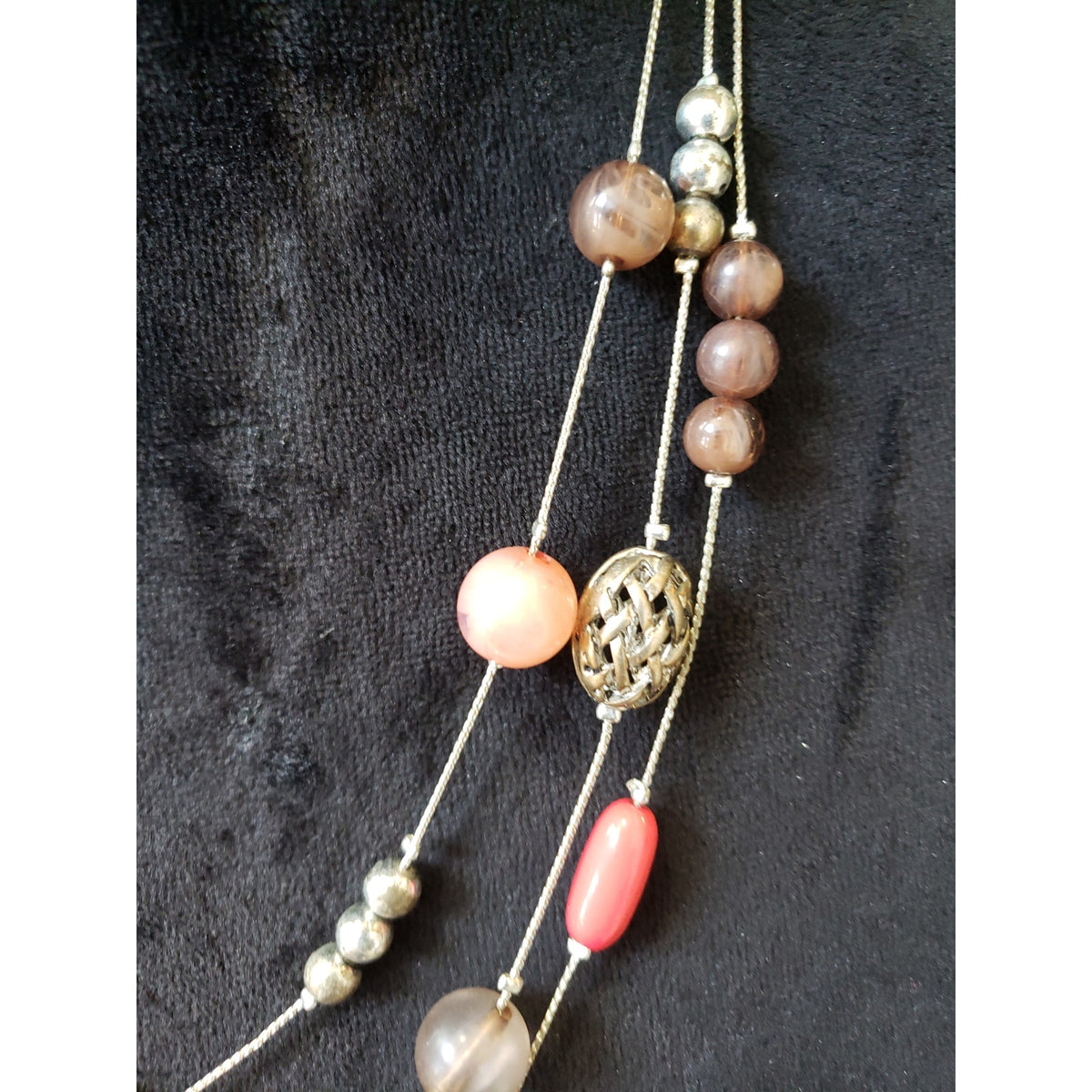 Women Layered Bead Necklace Rose Quartz Coral Stone Silver Tone Chain Clasp