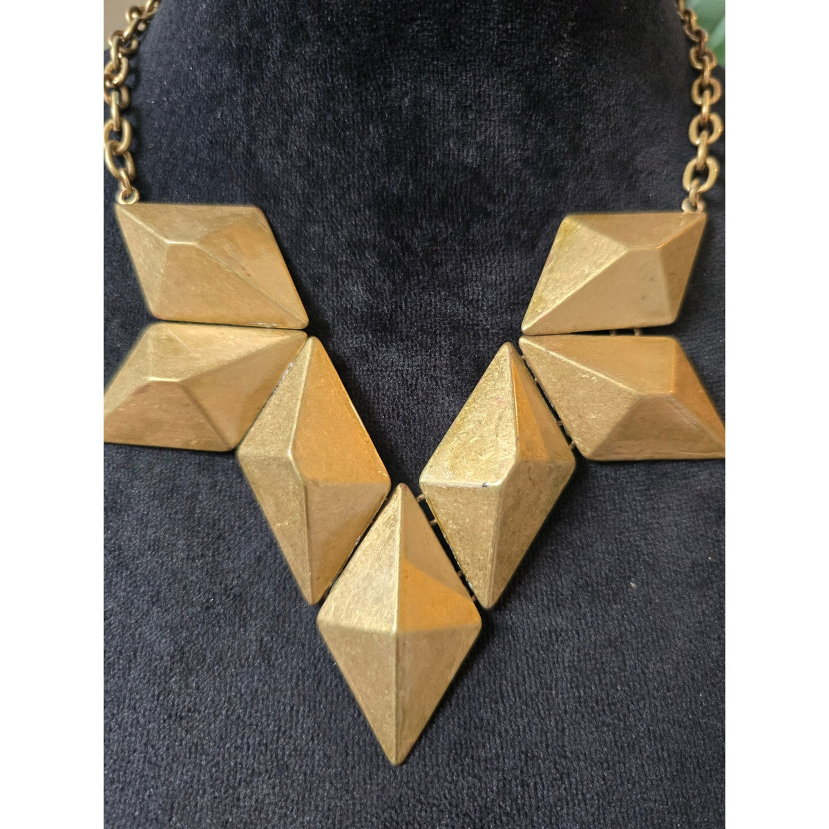 Gold Tone Chunky Geometric Faceted Triangle Chevron Bib Necklace